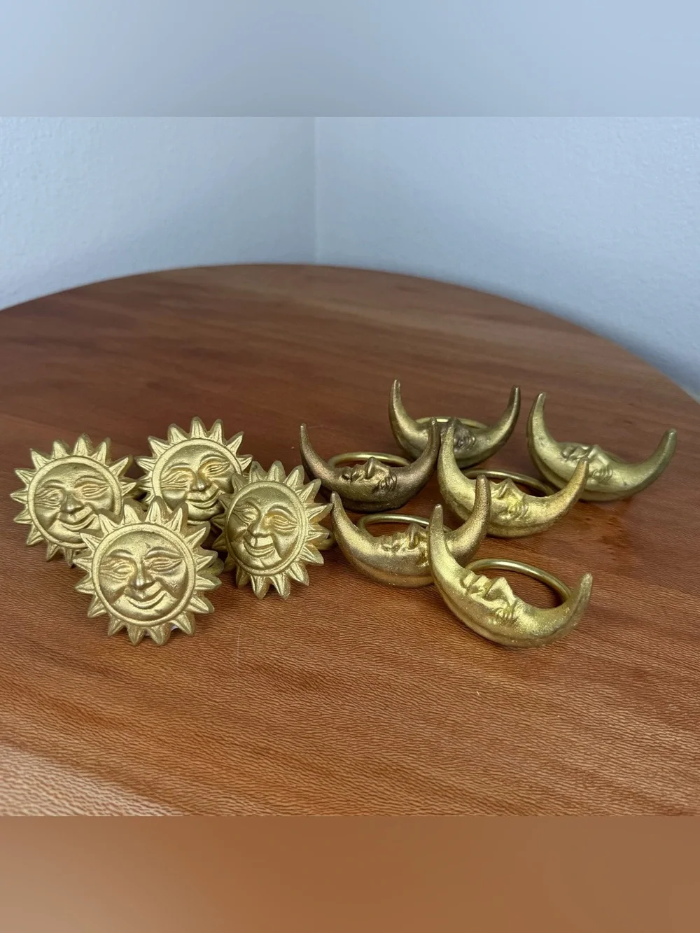 Vintage Brass Napkin Rings Holders Sun Face Celestial 90s Decor Boho Set 10